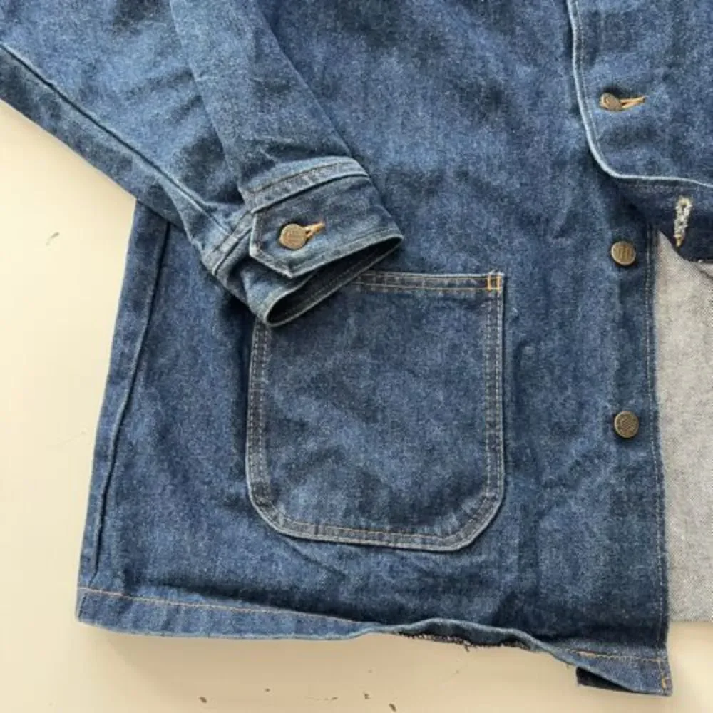 VINTAGE EARLY PRISON BLUES DENIM POCKETED CHORE JACKET COAT MADE IN USA XL RARE - Picture 4 of 9